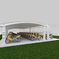Tensile Membrane Parking Shelter With Yellow Motorcycles And White Frame In Grass Area