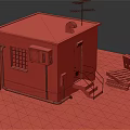 Miniature Shabby House Model Featuring Gray Roof Grid Vent Pipes Wooden Pallet On Sandy Ground