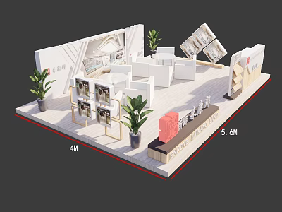 Modern Exhibition Booth Design With 4m 5.6m Size White Shelves Green Plants And Fashion Products 3d model