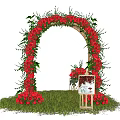 Beautiful Red Floral Arch Installation With Green Leaves Grass And Easel