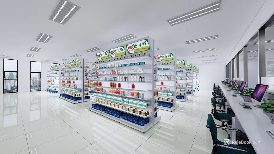 Modern Pharmacy Interior Design With Shelves Full Of Medicines And Health Products 3d model 