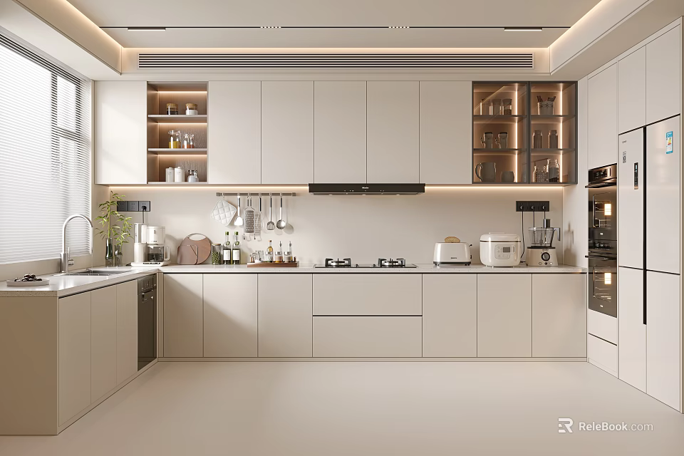 Modern Kitchen Interior Design With Light Cabinets Integrated Appliances And Natural Lighting 3d model 