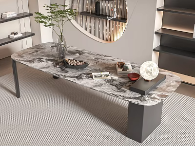 Modern Marble Coffee Table with Black Metal Legs and Decorative Items Like Vase Plant Magazine 3d model