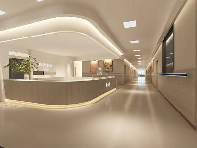 Modern Contemporary Lobby Interior With Reception Counter Bright Lighting And Long Corridor 3d model