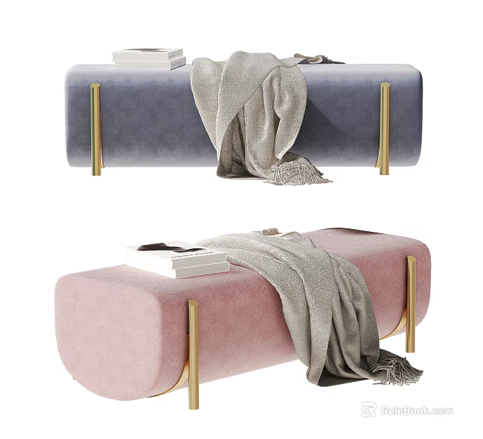 Blue And Pink Velvet Ottomans Featuring Gold Legs Gray Blanket And Books 3d model 
