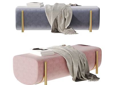 Blue And Pink Velvet Ottomans Featuring Gold Legs Gray Blanket And Books 3d model