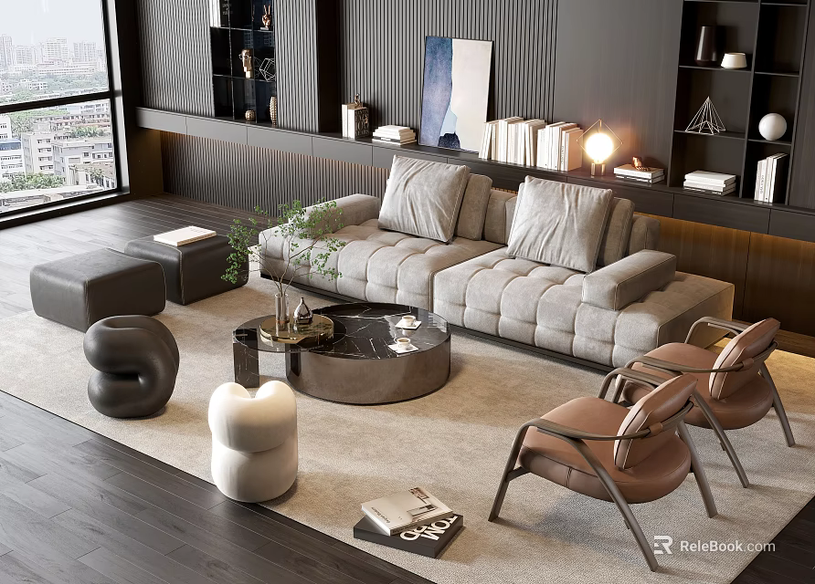 Modern Gray Sofa And Round Coffee Table Set With Brown Chairs Rug Bookshelves And Decor 3d model 