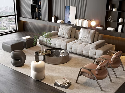 Modern Gray Sofa And Round Coffee Table Set With Brown Chairs Rug Bookshelves And Decor 3d model