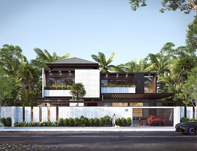 Modern Detached Villa Exterior With Palm Trees White Black Facade Red Car And Landscaped Fence 3d model