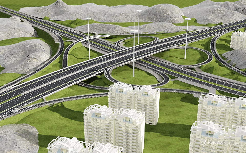 Modern Interchange Bridge with Intersecting Roads High Rise Buildings and Green Hills 3d model 