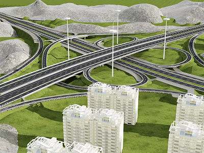 Modern Interchange Bridge with Intersecting Roads High Rise Buildings and Green Hills 3d model