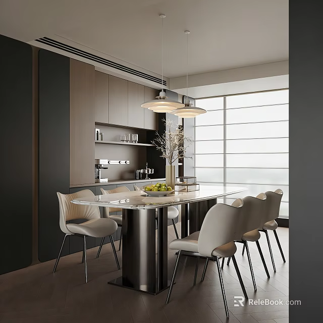 Modern Restaurant Open Kitchen Interior With Island Counter And White Chairs 3d model 