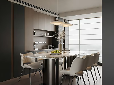 Modern Restaurant Open Kitchen Interior With Island Counter And White Chairs 3d model