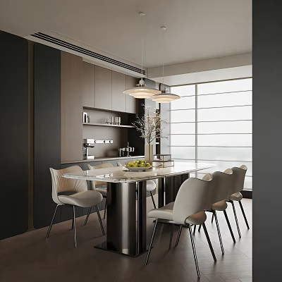 Modern Restaurant Open Kitchen Interior With Island Counter And White Chairs 3d model