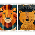 Square Rug With Lion And Tiger Cub Patterns Vibrant Colors And Fringe Edges