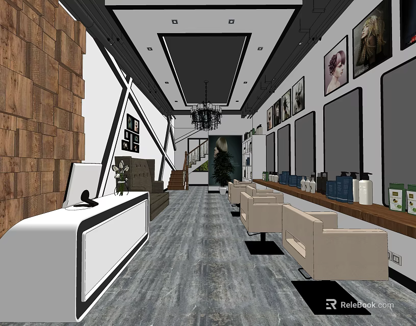 Modern Beauty Salon Interior With Reception Desk Sofa Chairs Decorative Paintings And Product 3d model 