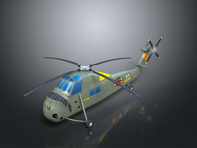 Green Military Helicopter with Blue Windows Yellow Markings and Rotors on Reflective Surface 3d model