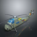 Green Military Helicopter with Blue Windows Yellow Markings and Rotors on Reflective Surface