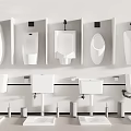 Urinal Display With Various Types Arranged On White Wall And Washbasins 3d model