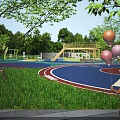 Park Landscape With Blue Red Track Green Grass Trees And Girl Holding Pink Yellow Balloons