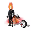 Game Movie Character With Flaming White Skull Black Outfit Orange Accents And Motorcycle