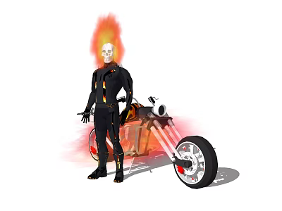 Game Movie Character With Flaming White Skull Black Outfit Orange Accents And Motorcycle 3d model
