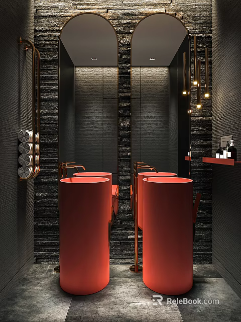 Modern Bathroom Interior With Black Textured Walls Red Round Vanities Mirrors And Gold Lighting Fixtures 3d model 