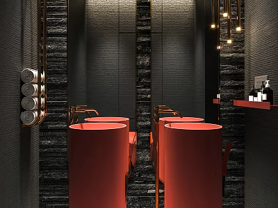 Modern Bathroom Interior With Black Textured Walls Red Round Vanities Mirrors And Gold Lighting Fixtures 3d model