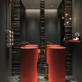 Modern Bathroom Interior With Black Textured Walls Red Round Vanities Mirrors And Gold Lighting Fixtures