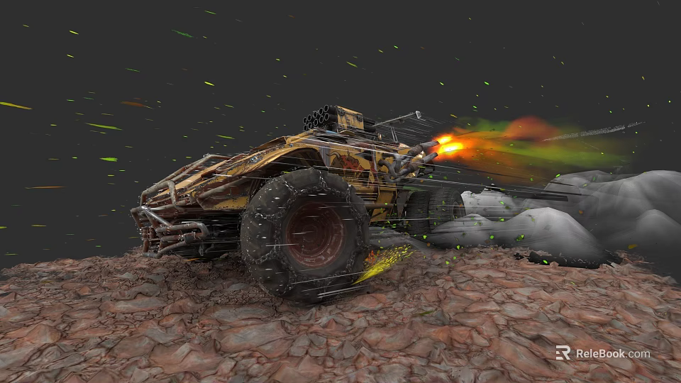 Custom Modified Off Road Car With Large Tires Mechanical Body Flame Effects On Rocky Terrain 3d model 