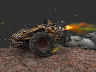 Custom Modified Off Road Car With Large Tires Mechanical Body Flame Effects On Rocky Terrain 3d model