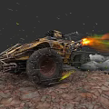 Custom Modified Off Road Car With Large Tires Mechanical Body Flame Effects On Rocky Terrain