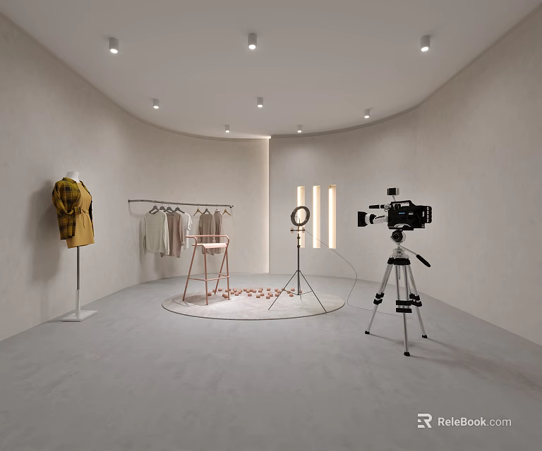 Modern Clothing Store Interior With Mannequin Clothing Racks And Camera Setup 3d model
