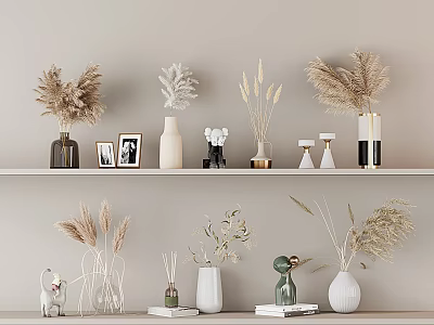 Stylish Decorative Ornament Combination On Display Shelves With Dried Plants Vases Photo Frames And Figurines 3d model