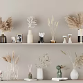 Stylish Decorative Ornament Combination On Display Shelves With Dried Plants Vases Photo Frames And Figurines
