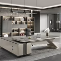 Modern Luxury Executive Office Desk With Side Cabinet And Matching Lighted Storage Bookcase