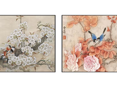 Botanical Paintings With White Pink Flowers Blue Red Birds And Branch Leaves 3d model