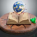 Open Book On Round Wooden Tray With Floating Globe Small Fragments And Green Object