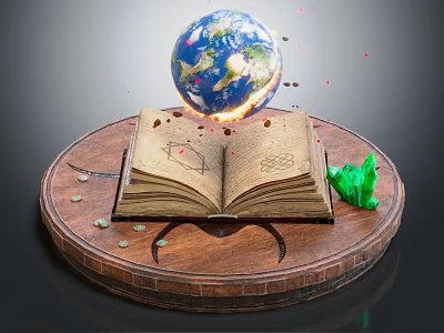 Open Book On Round Wooden Tray With Floating Globe Small Fragments And Green Object 3d model