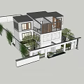 Modern Chinese Style Semi Detached Villa Exterior With Black Roof Wooden Frames And Green Plants
