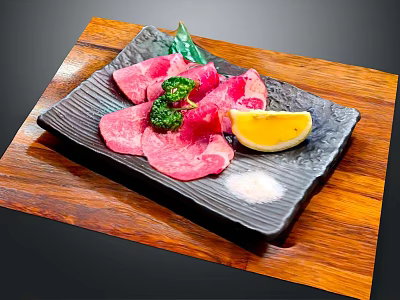 Sliced Raw Beef with Broccoli Lemon Slice and Salt on Black Plate Over Wooden Board 3d model