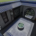 Traditional Chinese Detached Villa With Tile Roof Courtyard Windows And Circular Green Decor