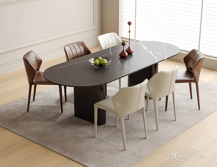 Black oval dining table with brown and white chairs in modern room setting with rug 3d model 