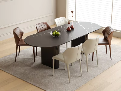 Black oval dining table with brown and white chairs in modern room setting with rug 3d model