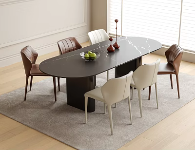 Black oval dining table with brown and white chairs in modern room setting with rug 3d model