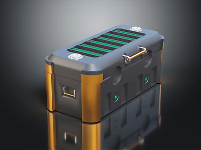 Portable Power Station With Green Striped Top Golden Handle Frame Green Indicators And USB Port 3d model