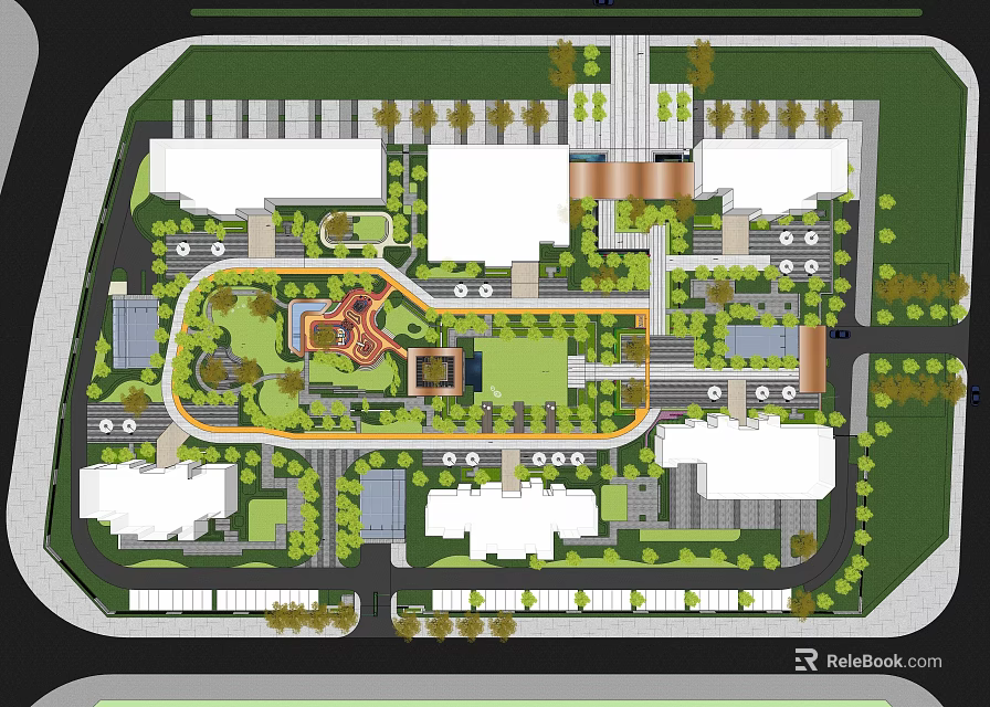 Residential Landscape Community Layout With Central Green Park And Pedestrian Paths 3d model 