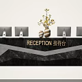 Modern Reception Desk With Marble Surface Yellow Flowers Vase And Computer Monitors 3d model