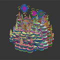 Cartoon Winter Scene With Snowy Hills Small Cabin Christmas Trees And Fireworks