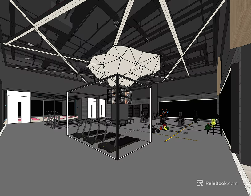 Modern Fitness Gym Interior With Workout Equipment Open Training Space And Ceiling Design 3d model 